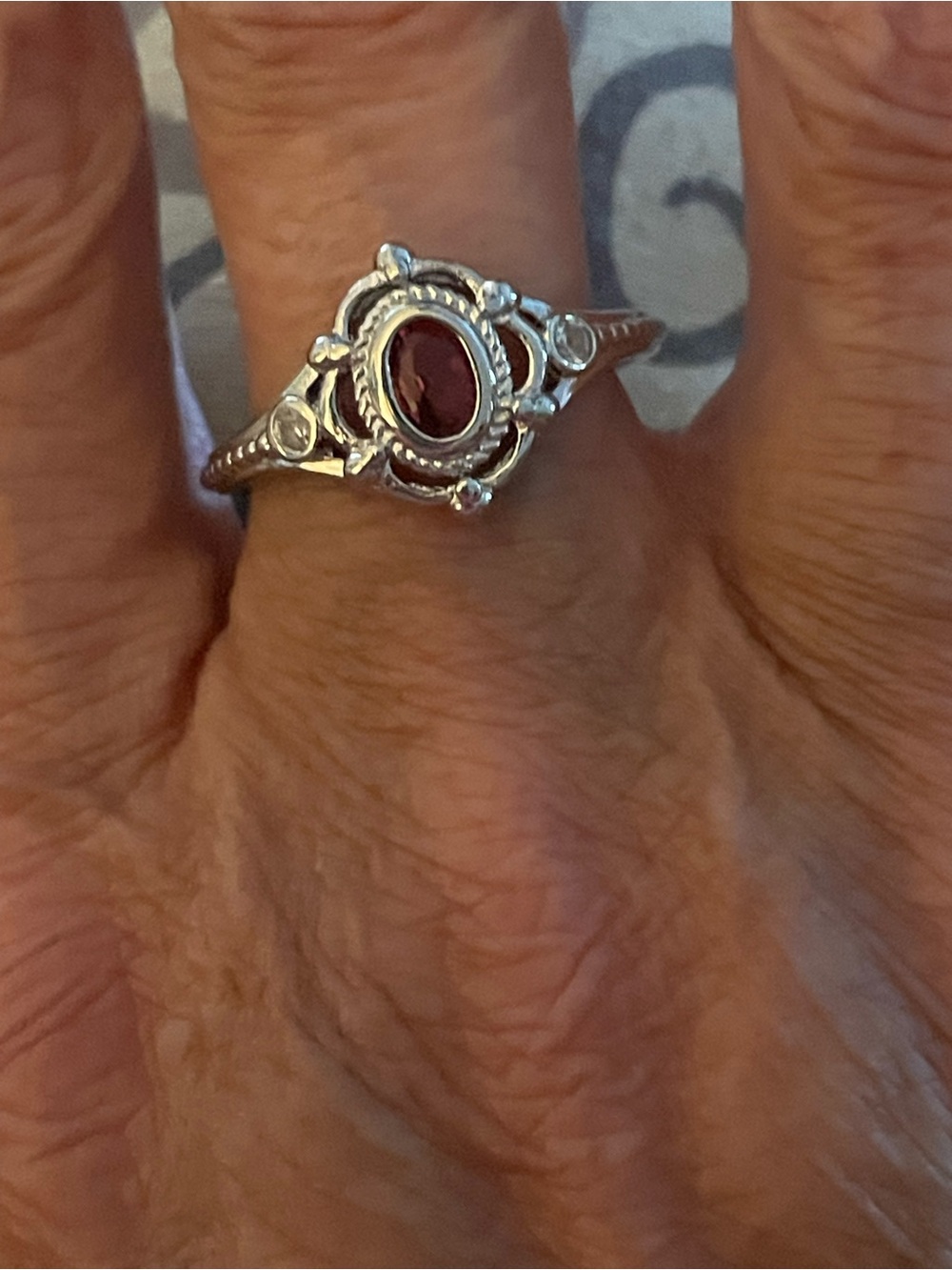 Silver  tone Garnet Oval Ring - Red Gemstone Size 8